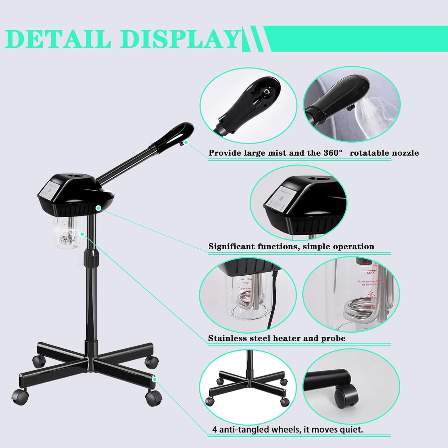Professional Facial Steamer, Facial Steamer on Wheels, Ozone Facial Steamer, Stand Facial Steamer for Spa, Salon and at Home Use