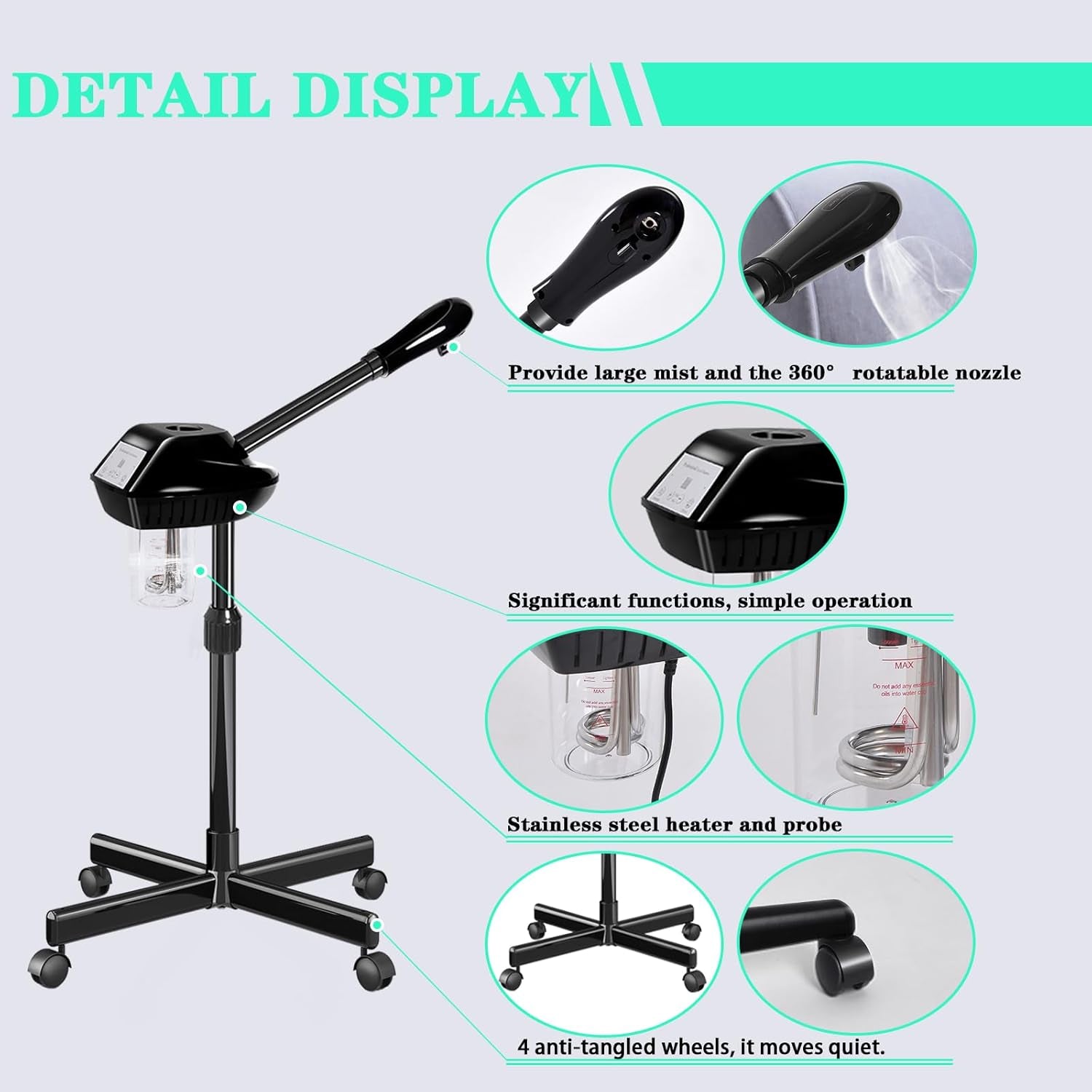 Professional Facial Steamer, Facial Steamer on Wheels, Ozone Facial Steamer, Stand Facial Steamer for Spa, Salon and at Home Use